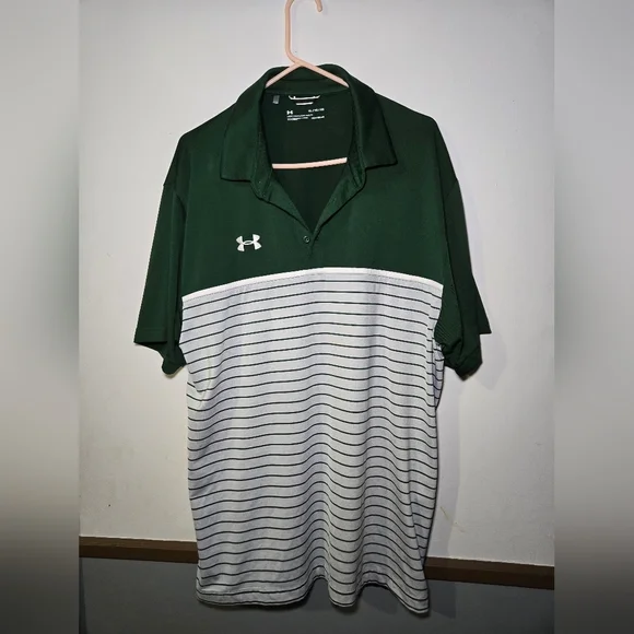 Under Armour Polo Shirt Mens XL Loose Fit Heatgear Performance Golf Green Stripe - Picture 1 of 5
